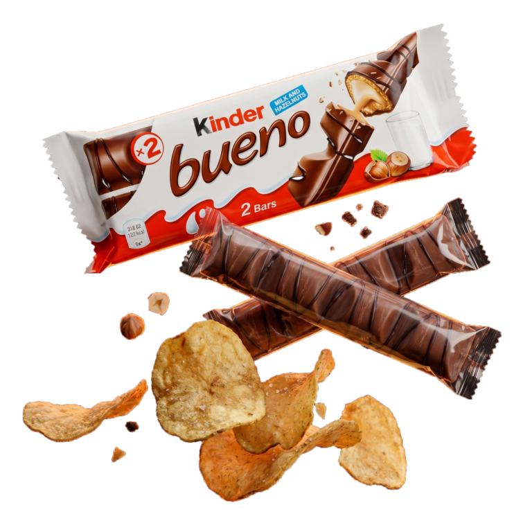 Ein Kinder Bueno Schokoriegel und knusprige Kartoffelchips aus dem 24/7 Snackautomaten in Schüttdorf, Zell am See
